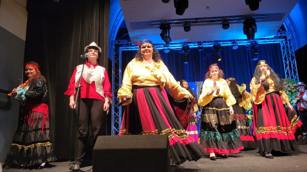 Zespół Michalinki na scenie podczas występu artystycznego, panie w kolorowych strojach stylizowanych na styl romski. Poszczególne osoby mają w ręku instrumenty, mikrofony, jedna z nich gra na skrzypcach